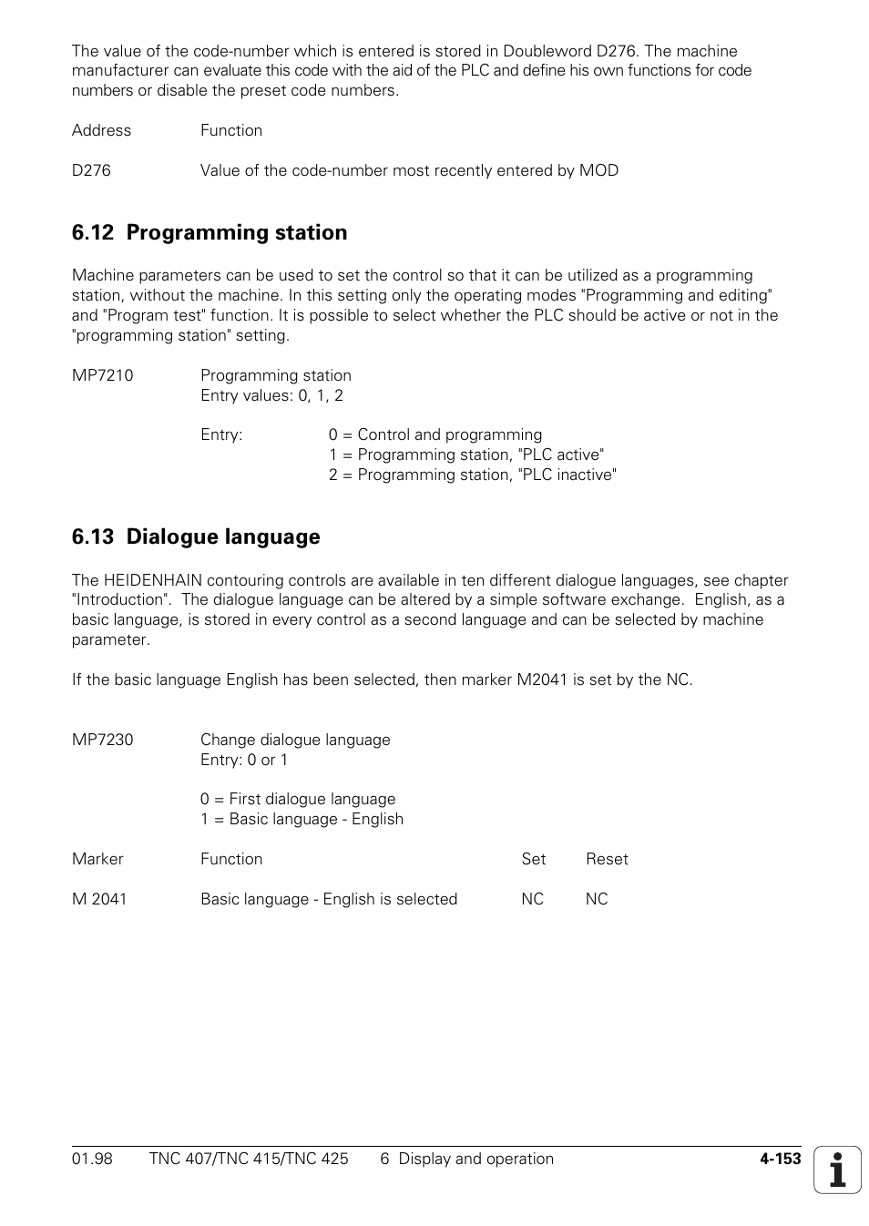 12 programming station, 13 dialogue language | HEIDENHAIN TNC 407 (243 020) Technical Manual User Manual | Page 278 / 752