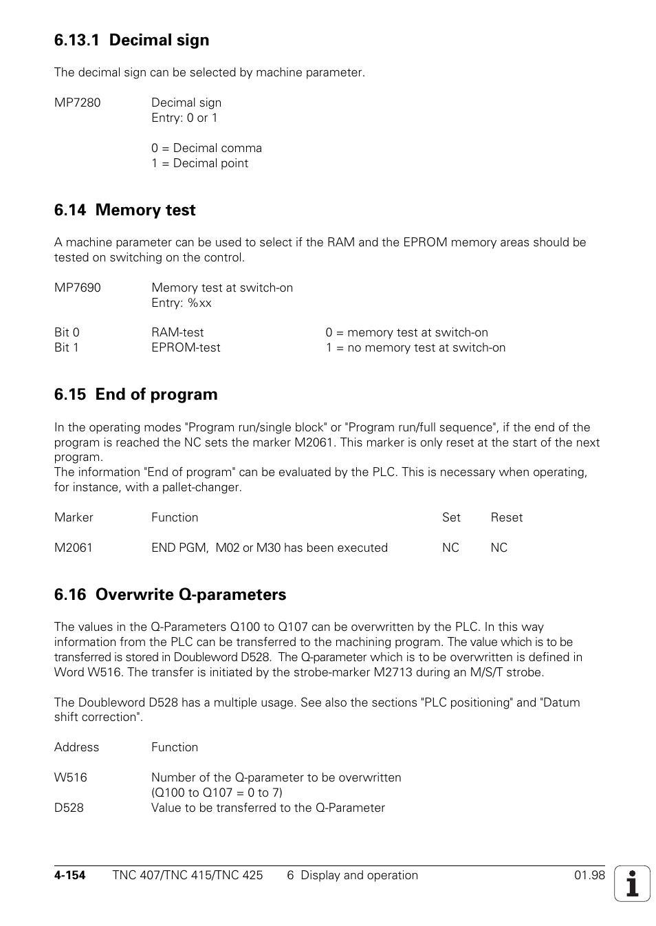 1 decimal sign, 14 memory test, 15 end of program | 16 overwrite q-parameters | HEIDENHAIN TNC 407 (243 020) Technical Manual User Manual | Page 279 / 752