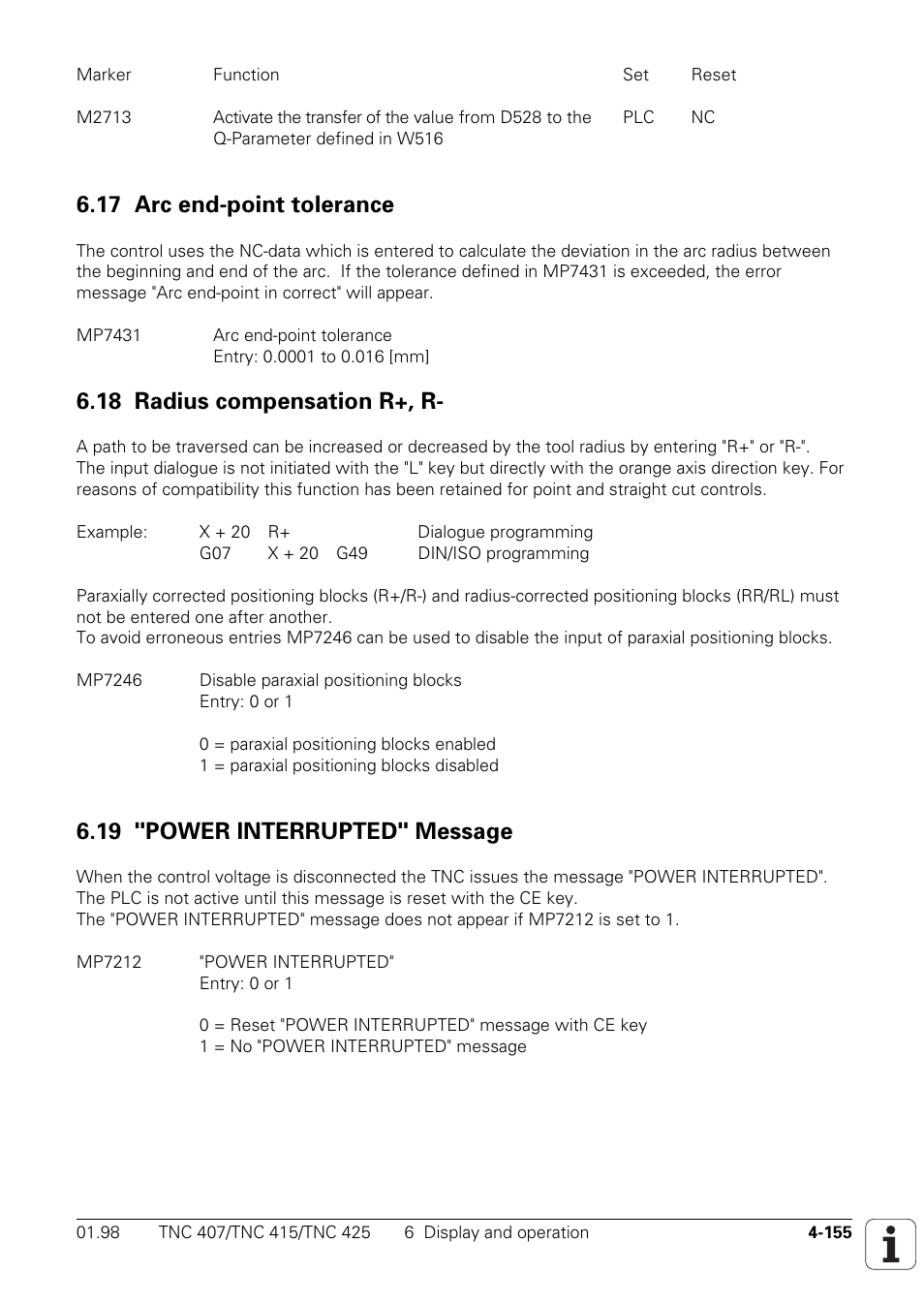 17 arc end-point tolerance, 18 radius compensation r+, r, 19 "power interrupted" message | HEIDENHAIN TNC 407 (243 020) Technical Manual User Manual | Page 280 / 752