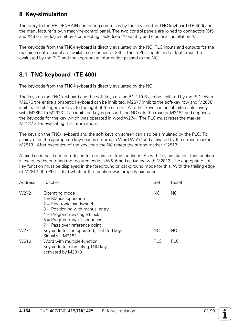 8 key-simulation, 1 tnc-keyboard (te 400) | HEIDENHAIN TNC 407 (243 020) Technical Manual User Manual | Page 289 / 752