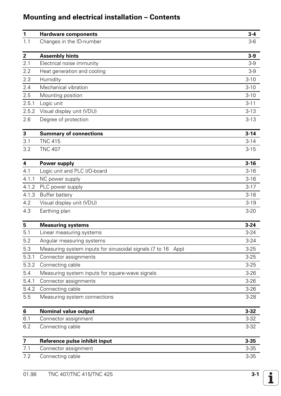 Mounting and electrical installation, Mounting and electrical installation – contents 3 | HEIDENHAIN TNC 407 (243 020) Technical Manual User Manual | Page 31 / 752