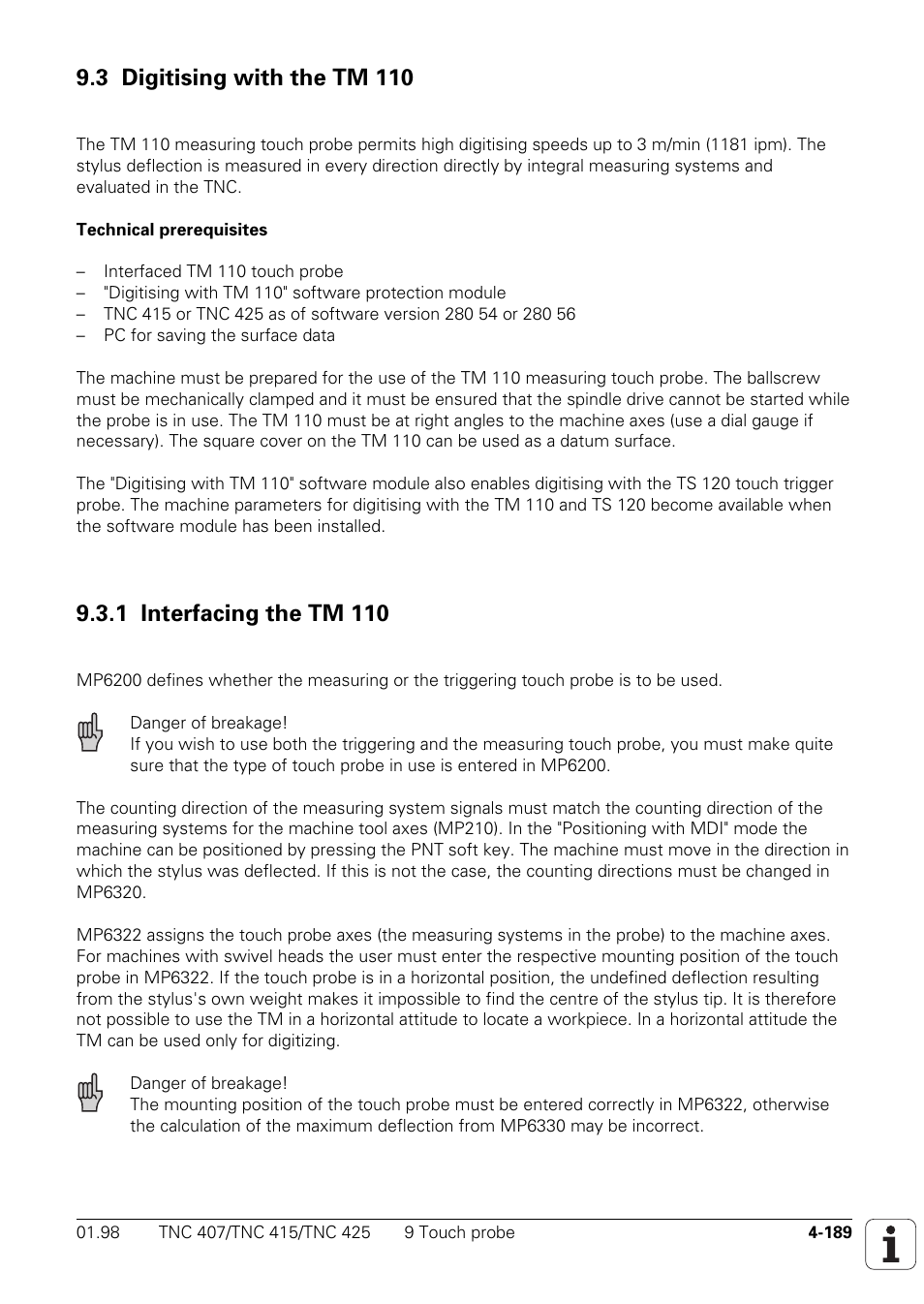3 digitising with the tm 110, 1 interfacing the tm 110 | HEIDENHAIN TNC 407 (243 020) Technical Manual User Manual | Page 314 / 752