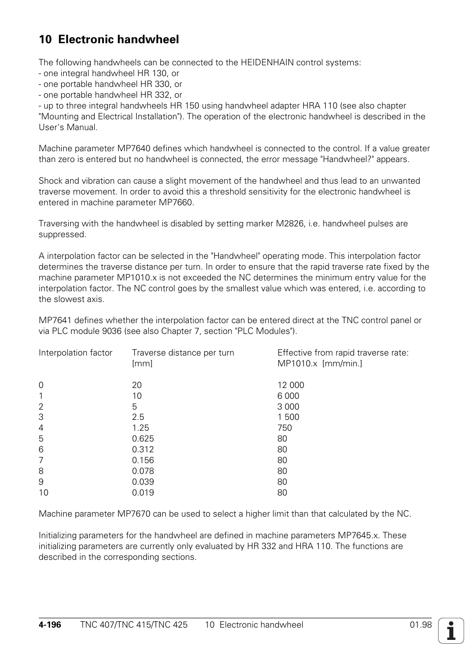 10 electronic handwheel | HEIDENHAIN TNC 407 (243 020) Technical Manual User Manual | Page 321 / 752