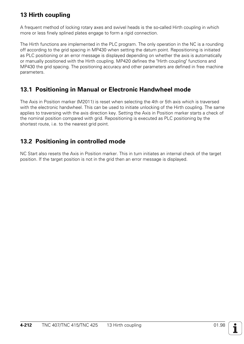13 hirth coupling, 2 positioning in controlled mode | HEIDENHAIN TNC 407 (243 020) Technical Manual User Manual | Page 337 / 752