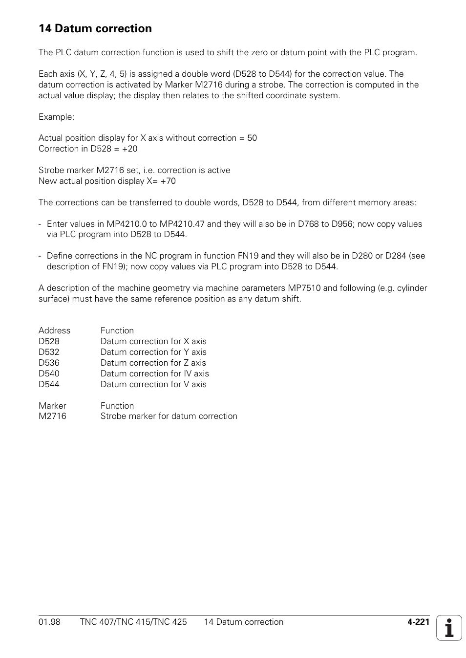 14 datum correction, Shift correction | HEIDENHAIN TNC 407 (243 020) Technical Manual User Manual | Page 346 / 752