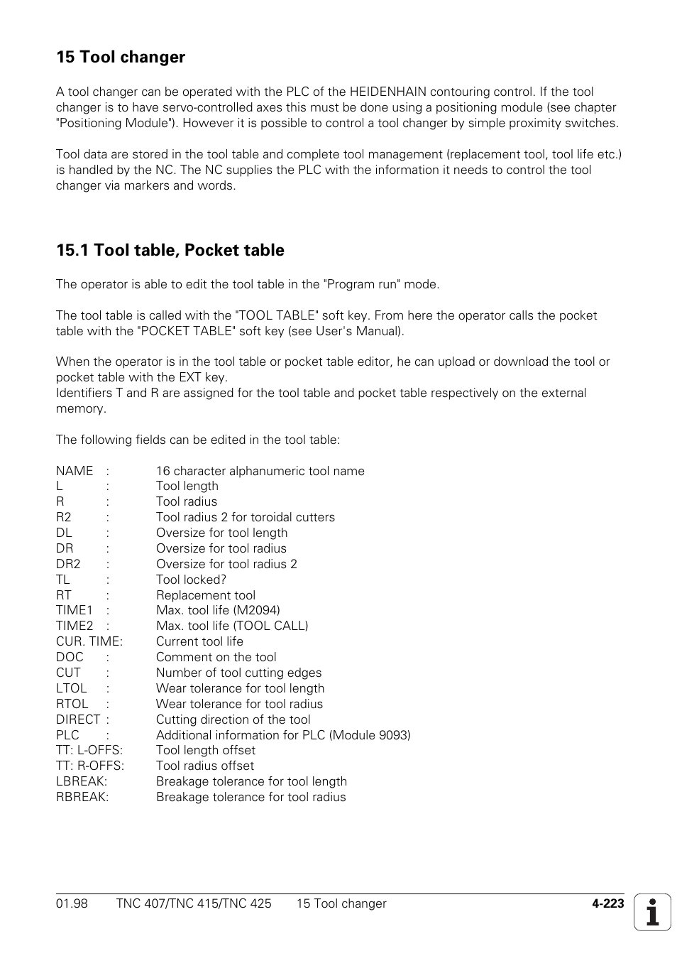 15 tool changer, 1 tool table, pocket table | HEIDENHAIN TNC 407 (243 020) Technical Manual User Manual | Page 348 / 752