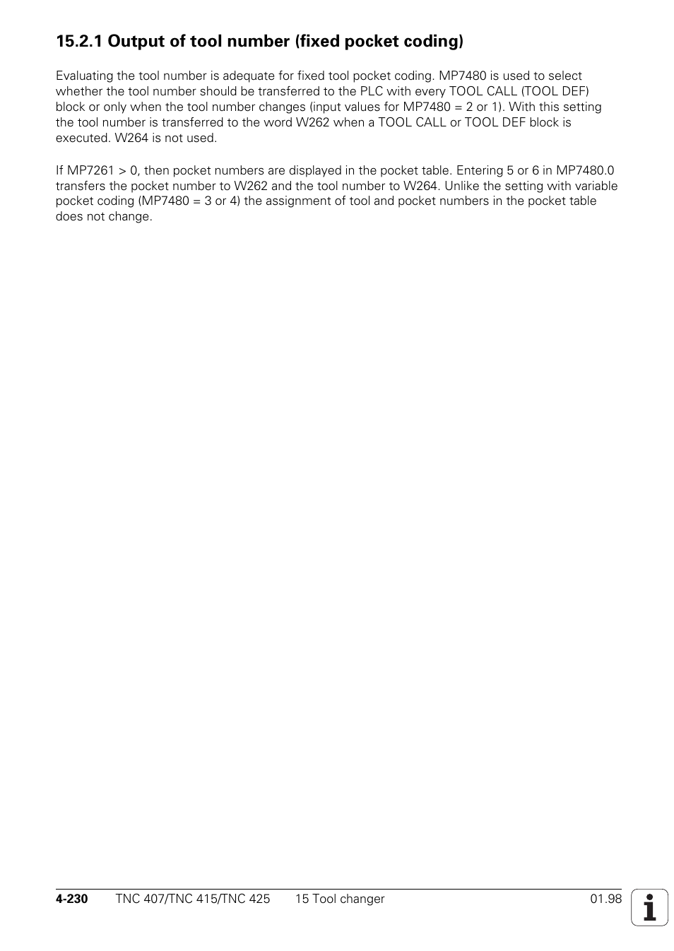 1 output of tool number (fixed pocket coding) | HEIDENHAIN TNC 407 (243 020) Technical Manual User Manual | Page 355 / 752