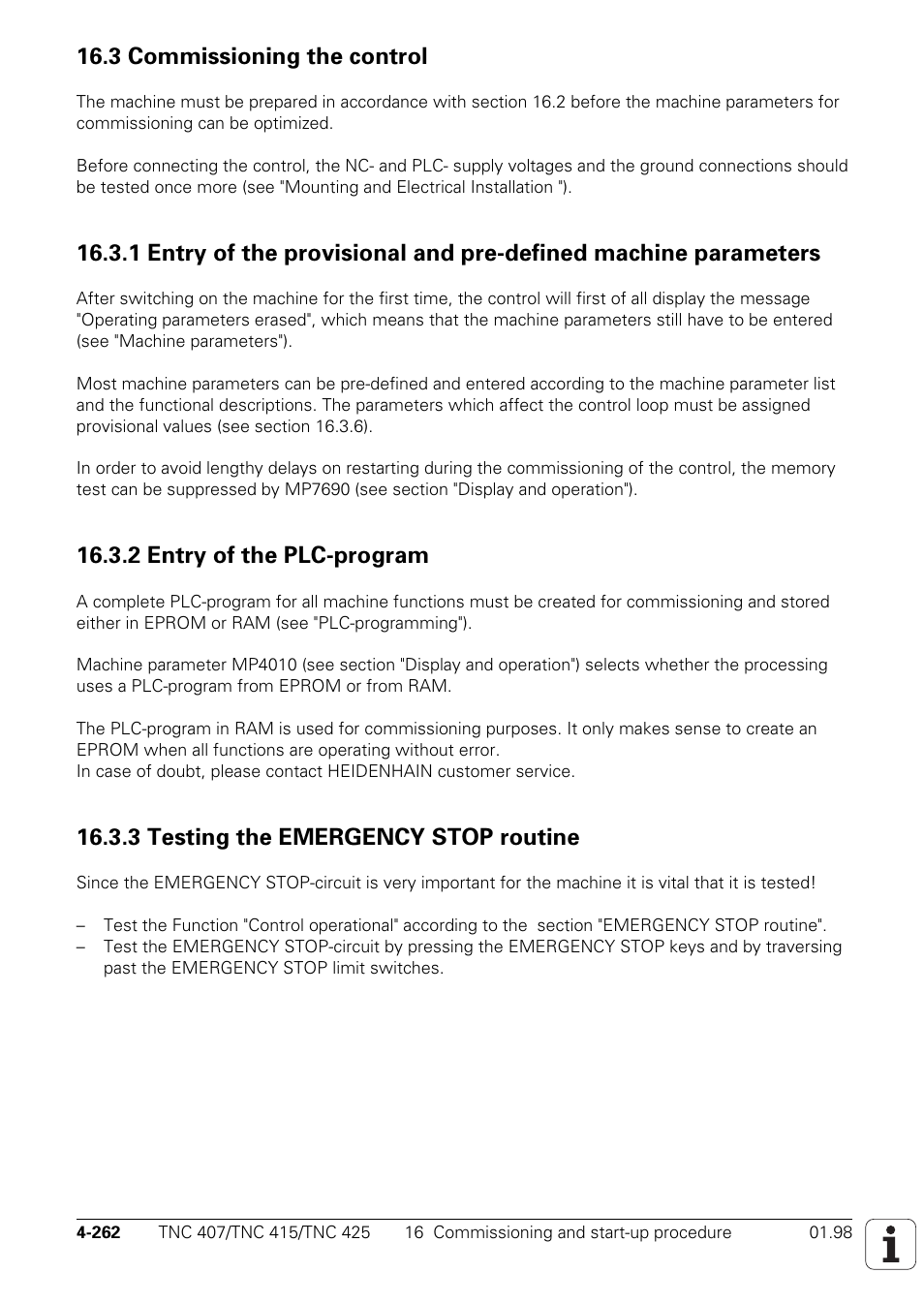 3 commissioning the control, 2 entry of the plc-program, 3 testing the emergency stop routine | HEIDENHAIN TNC 407 (243 020) Technical Manual User Manual | Page 387 / 752