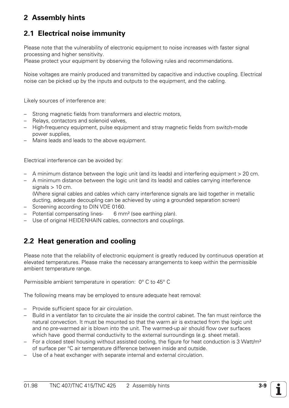 Assembly hints, Electrical noise immunity, Heat generation and cooling | 2 assembly hints 2.1 electrical noise immunity, 2 heat generation and cooling | HEIDENHAIN TNC 407 (243 020) Technical Manual User Manual | Page 39 / 752