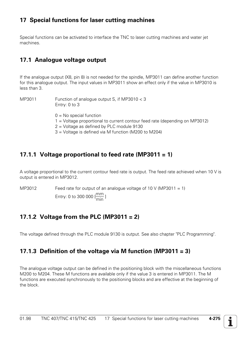17 special functions for laser cutting machines, 1 analogue voltage output, 1 voltage proportional to feed rate (mp3011 = 1) | 2 voltage from the plc (mp3011 = 2) | HEIDENHAIN TNC 407 (243 020) Technical Manual User Manual | Page 399 / 752