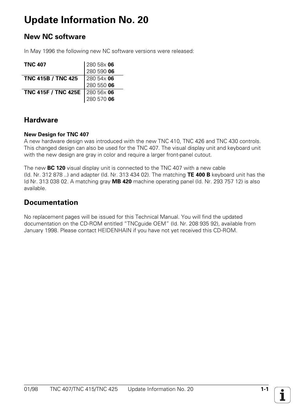 Update information, Update information no. 20 | HEIDENHAIN TNC 407 (243 020) Technical Manual User Manual | Page 4 / 752