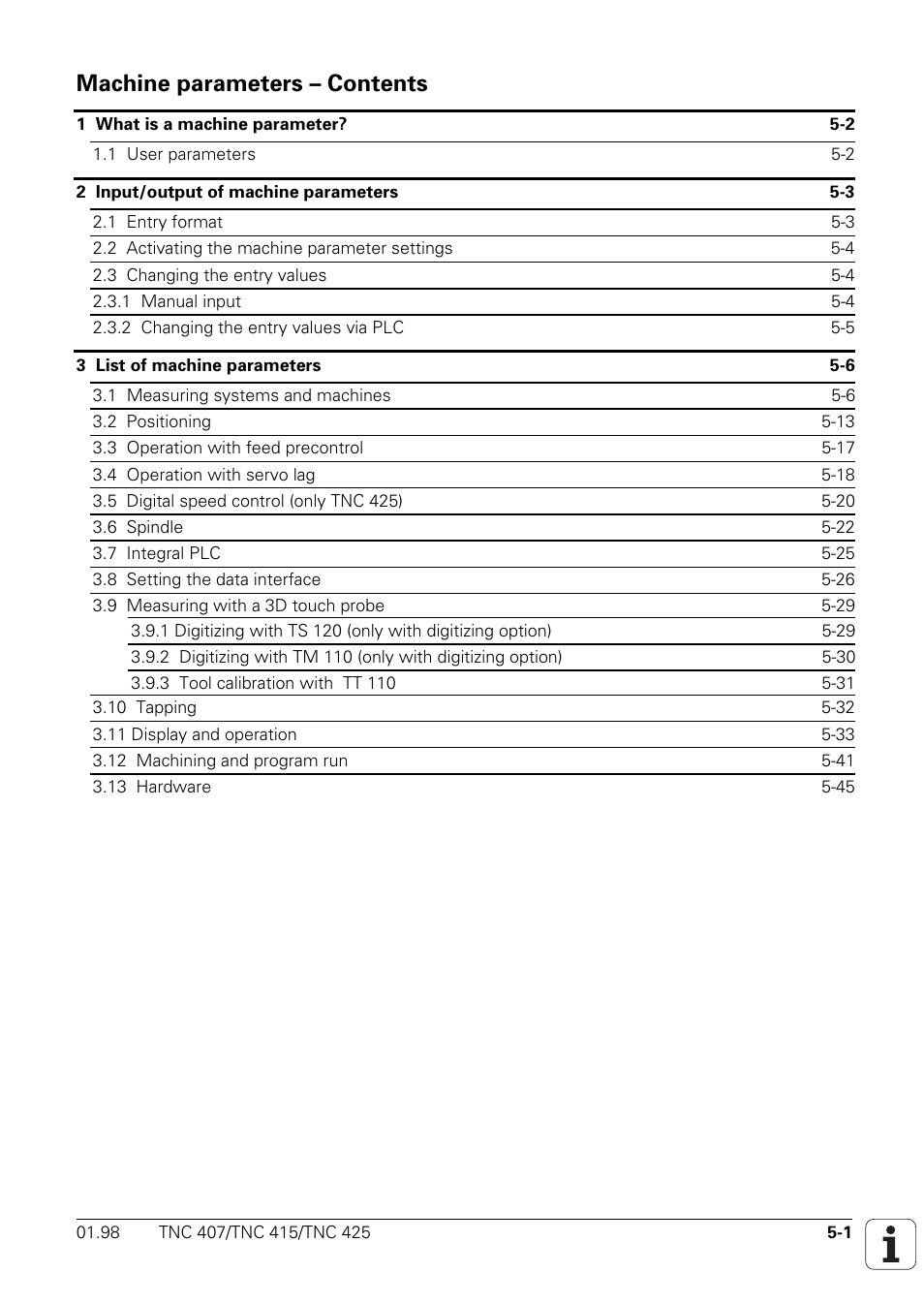 Machine parameters, 5machine parameters – contents | HEIDENHAIN TNC 407 (243 020) Technical Manual User Manual | Page 403 / 752