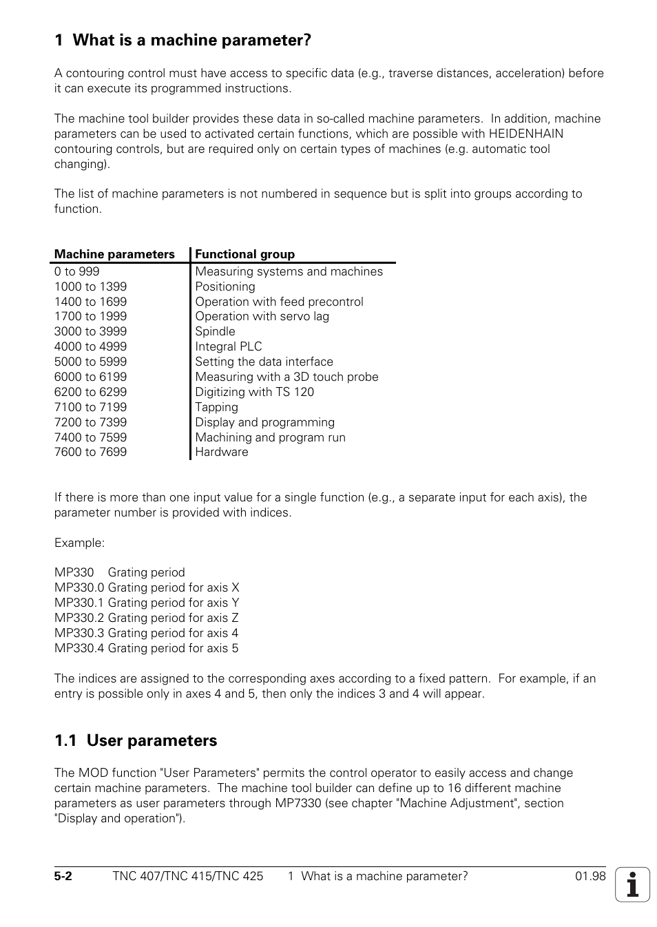 See "machine parameters"), 1 what is a machine parameter, 1 user parameters | HEIDENHAIN TNC 407 (243 020) Technical Manual User Manual | Page 404 / 752