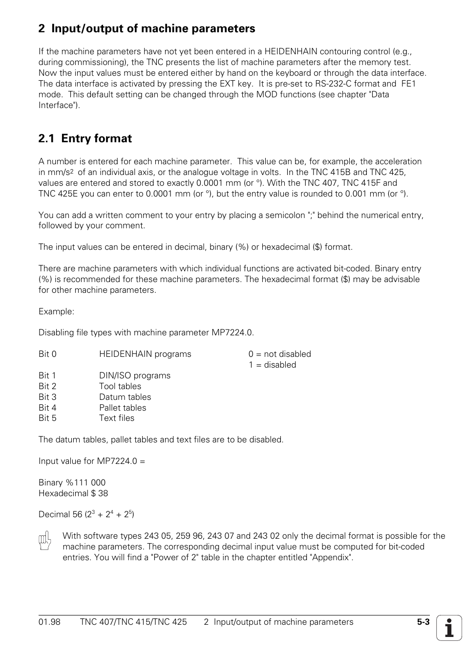 2 input/output of machine parameters, 1 entry format | HEIDENHAIN TNC 407 (243 020) Technical Manual User Manual | Page 405 / 752