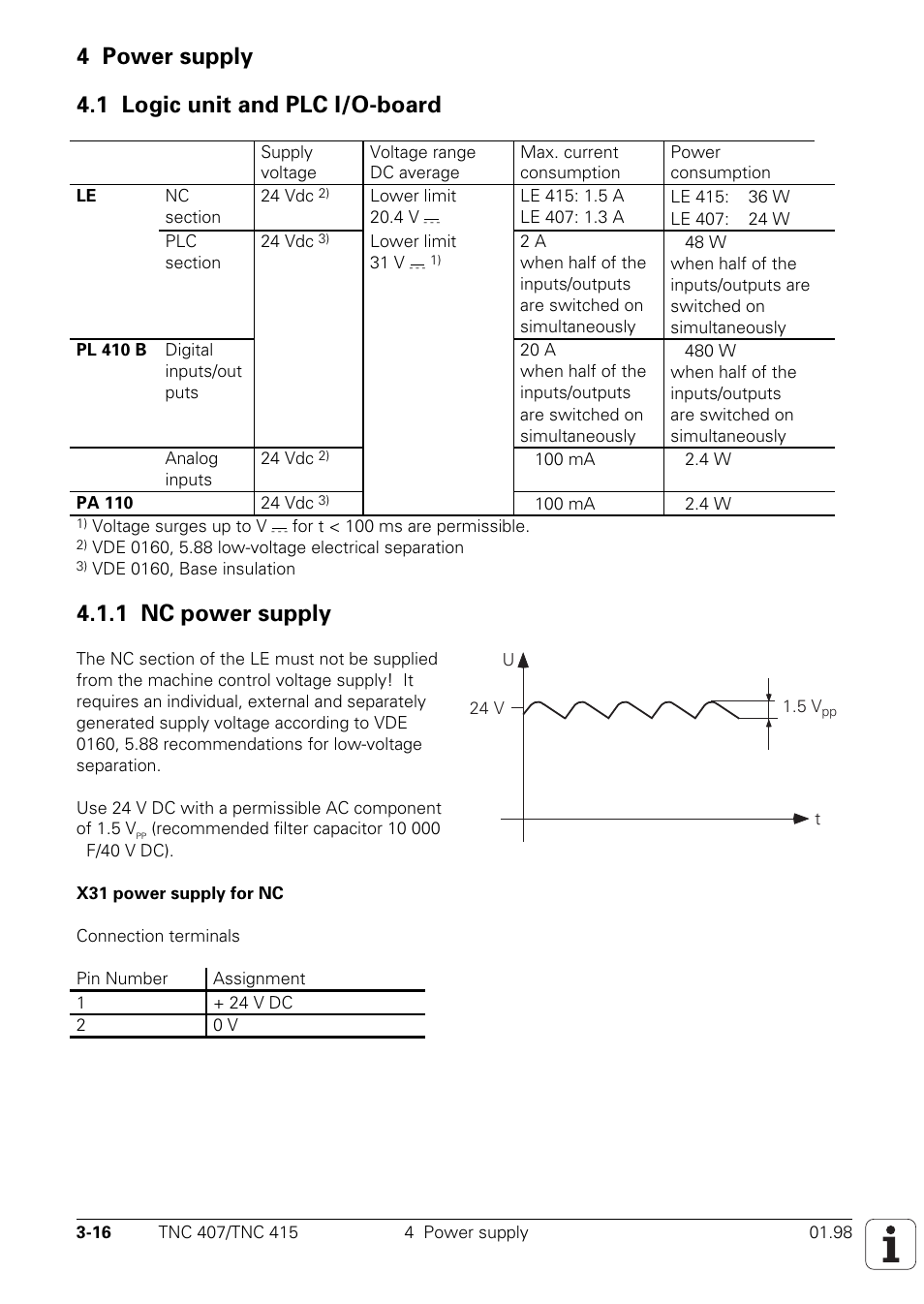 Power supply, Logic unit and plc i/o-board, 1 nc power supply | X31 = power supply 24 v, Dc for nc, 4 power supply 4.1 logic unit and plc i/o-board | HEIDENHAIN TNC 407 (243 020) Technical Manual User Manual | Page 46 / 752