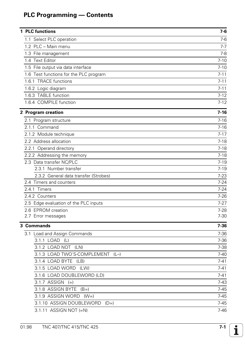 Plc programming, Plc-operation (see "plc-programming"), 7plc programming — contents | HEIDENHAIN TNC 407 (243 020) Technical Manual User Manual | Page 462 / 752