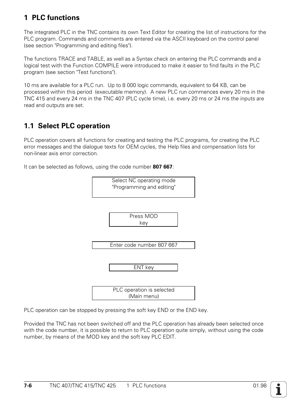 1 plc functions, Fehler! textmarke nicht definiert, 1 select plc operation | HEIDENHAIN TNC 407 (243 020) Technical Manual User Manual | Page 467 / 752