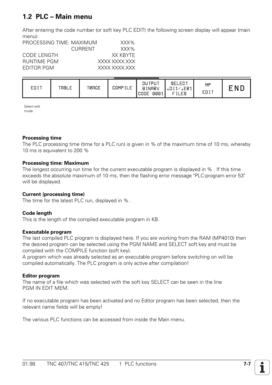 2 plc – main menu | HEIDENHAIN TNC 407 (243 020) Technical Manual User Manual | Page 468 / 752