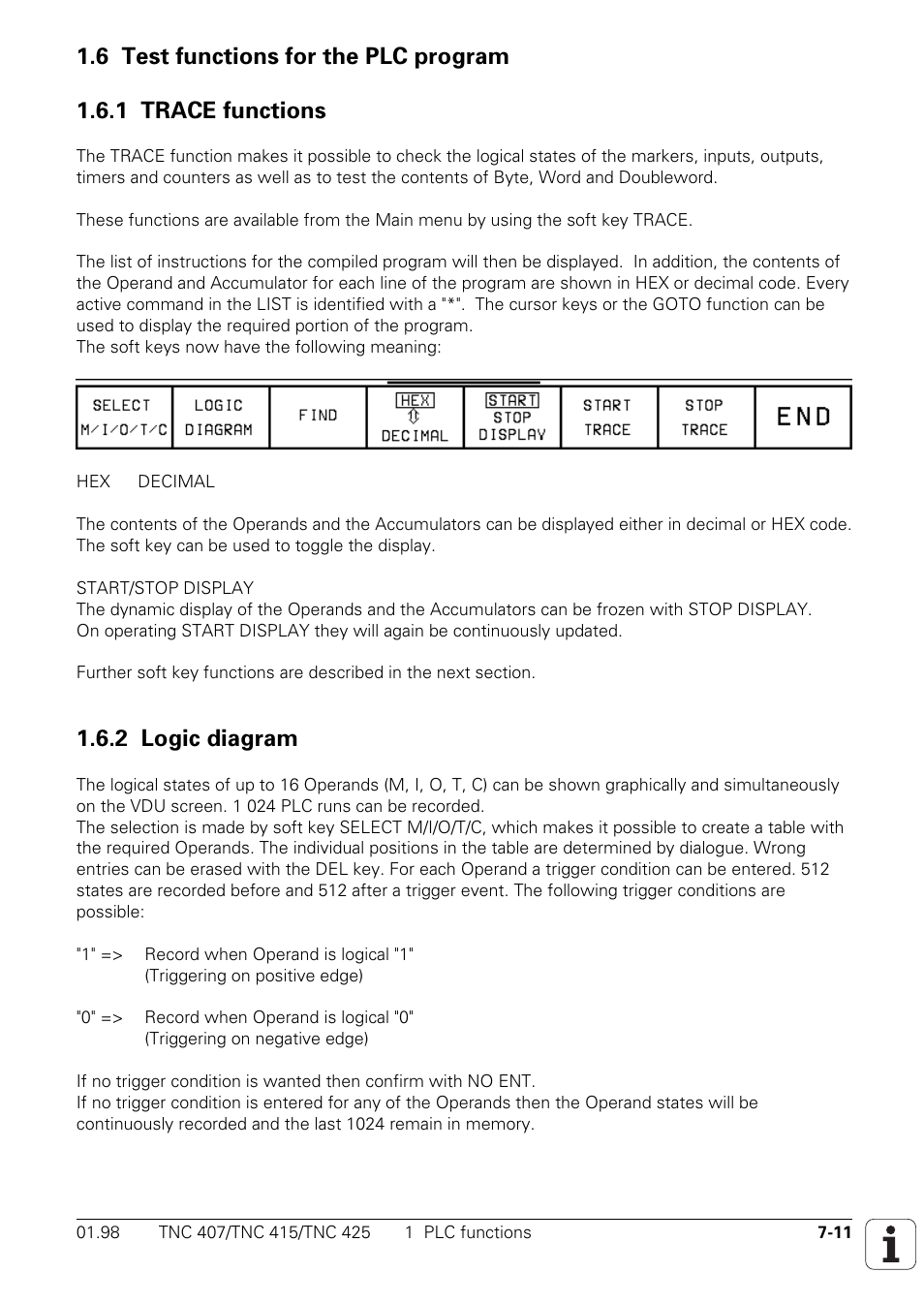 6 test functions for the plc program, 1 trace functions, 2 logic diagram | HEIDENHAIN TNC 407 (243 020) Technical Manual User Manual | Page 472 / 752