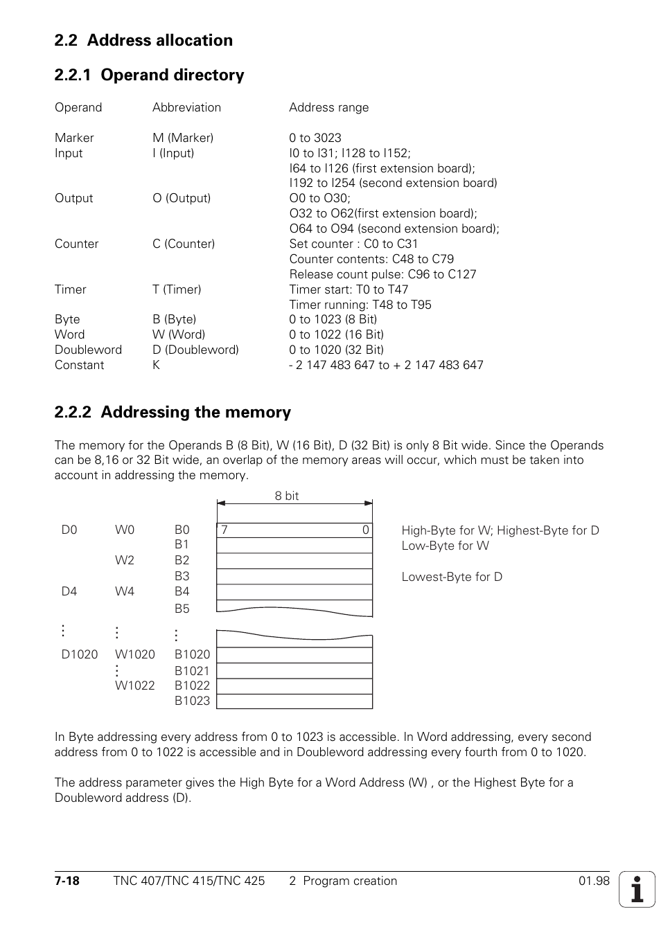 2 address allocation, 1 operand directory, 2 addressing the memory | 2 address allocation 2.2.1 operand directory | HEIDENHAIN TNC 407 (243 020) Technical Manual User Manual | Page 479 / 752