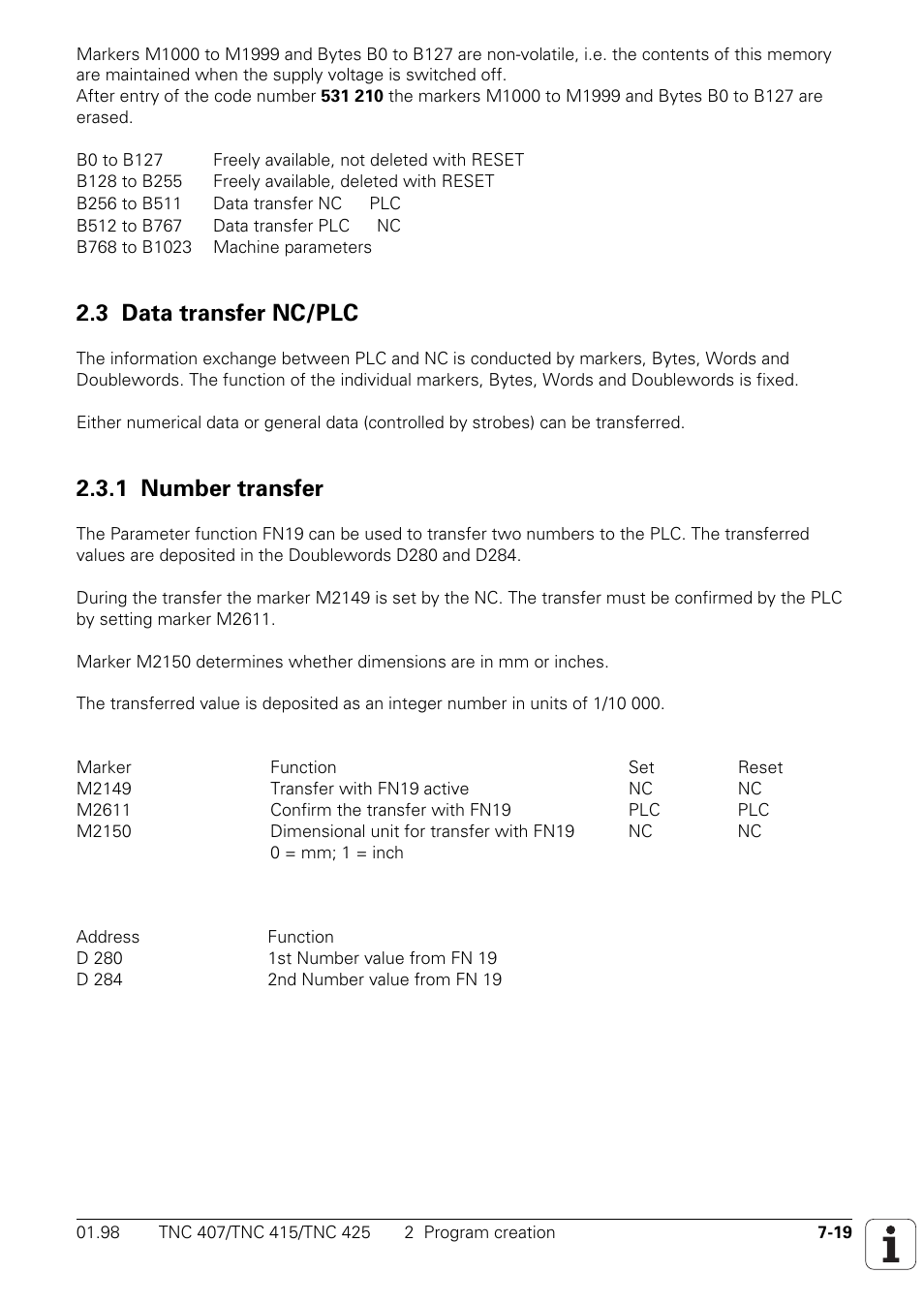 M2149, Transfer with fn19 active, M2150 | M2611, Confirm the transfer with fn19, D280, 1st number value from fn19, D284, 2nd number value from fn19, 3 data transfer nc/plc | HEIDENHAIN TNC 407 (243 020) Technical Manual User Manual | Page 480 / 752