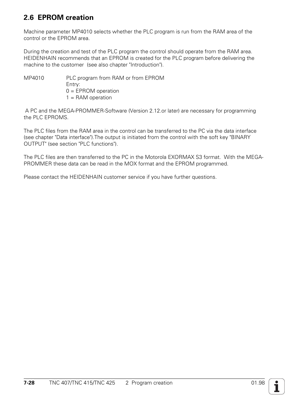 Mp4010, Plc-program from ram or from eprom entry: 0 or 1, 0 = eprom-operation 1 = ram-operation | Reset, 6 eprom creation | HEIDENHAIN TNC 407 (243 020) Technical Manual User Manual | Page 489 / 752