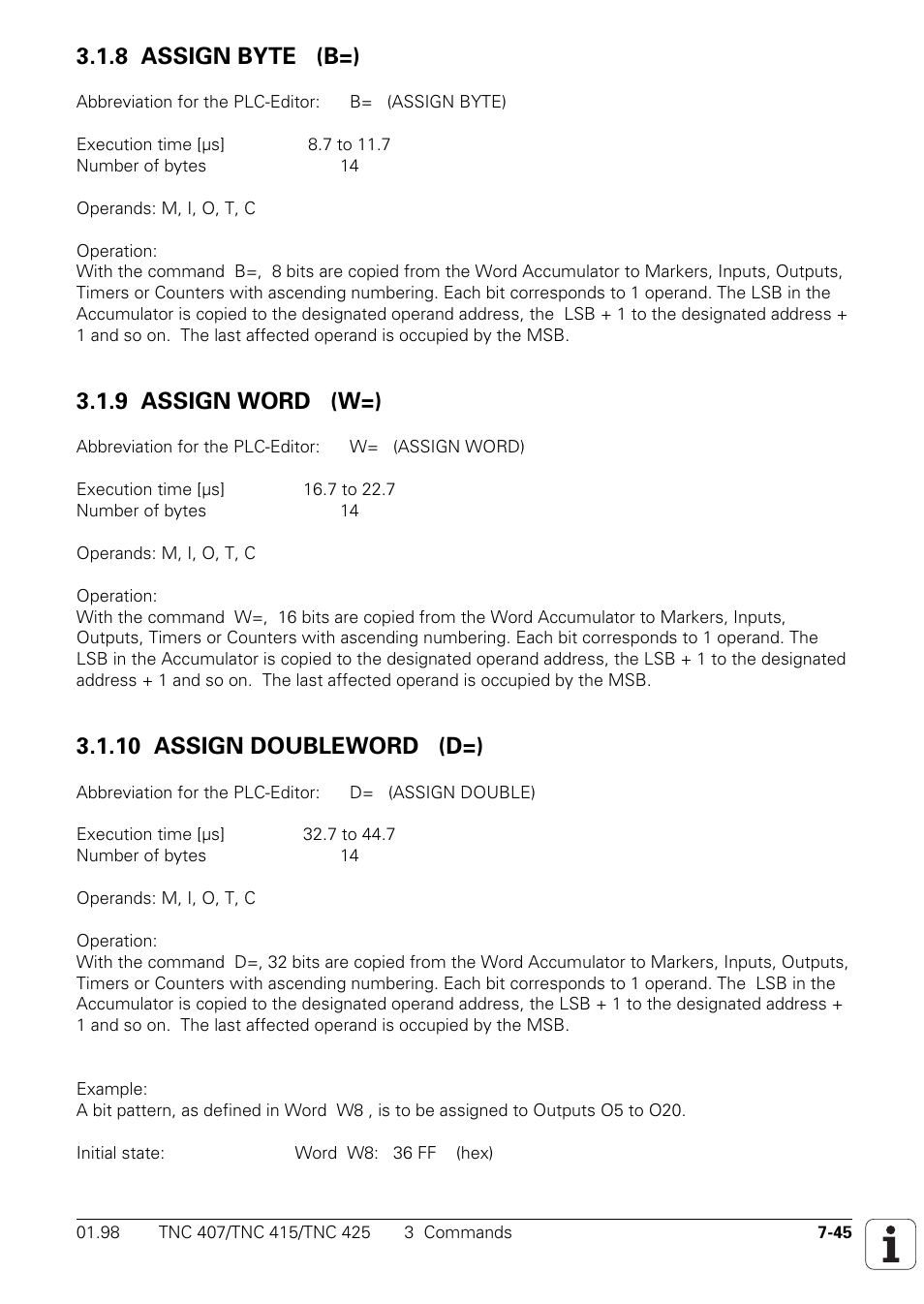 8 assign byte (b=), 9 assign word (w=), 10 assign doubleword (d=) | HEIDENHAIN TNC 407 (243 020) Technical Manual User Manual | Page 506 / 752