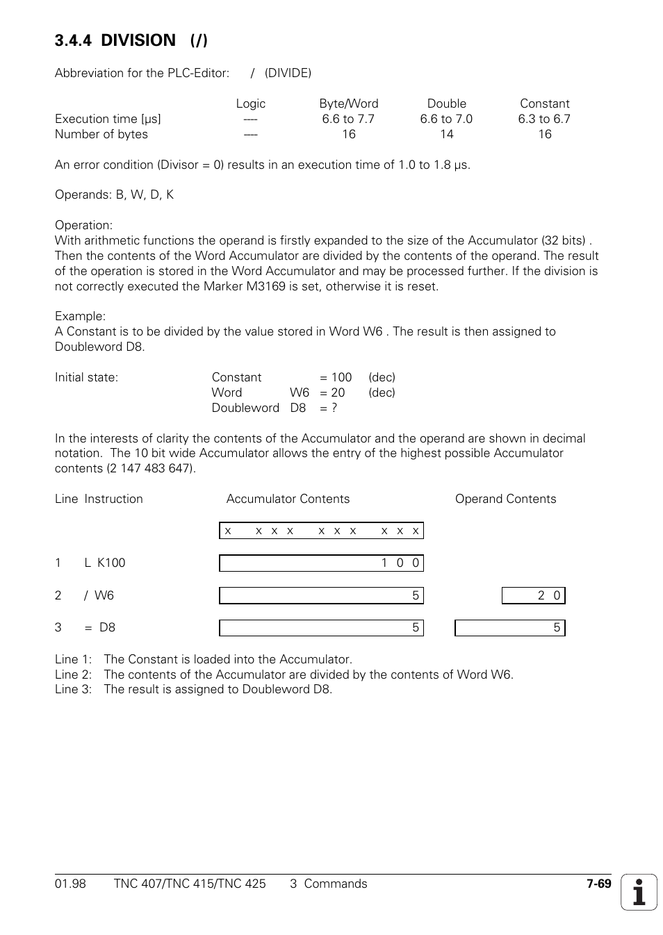 M3169, Division by 0, 4 division (/) | HEIDENHAIN TNC 407 (243 020) Technical Manual User Manual | Page 530 / 752