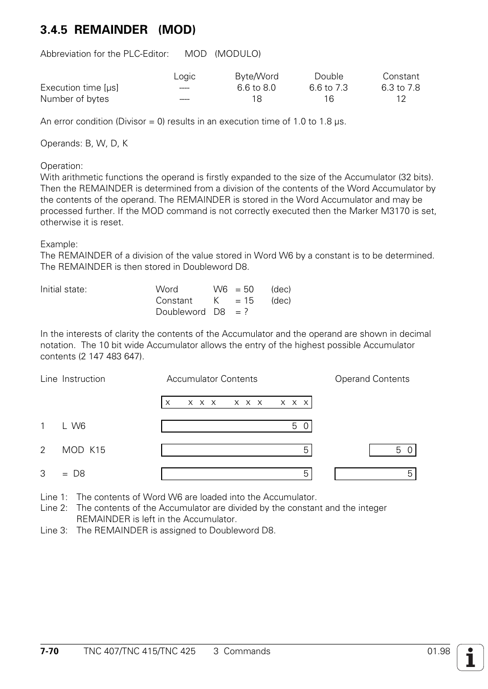 M3170, Modulo wrongly executed, 5 remainder (mod) | HEIDENHAIN TNC 407 (243 020) Technical Manual User Manual | Page 531 / 752