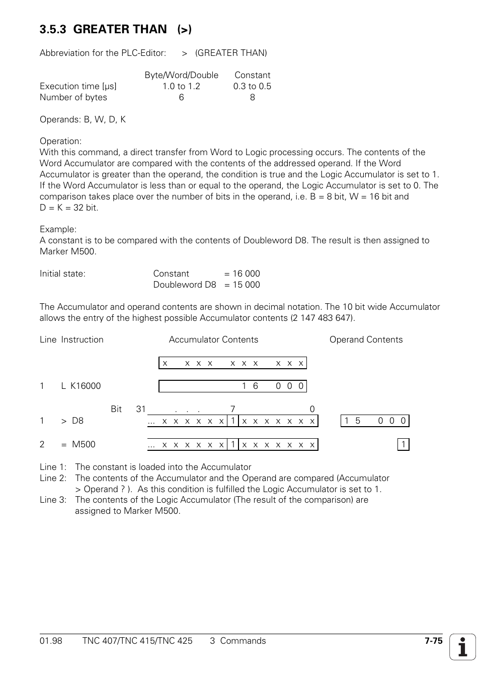 3 greater than (>) | HEIDENHAIN TNC 407 (243 020) Technical Manual User Manual | Page 536 / 752