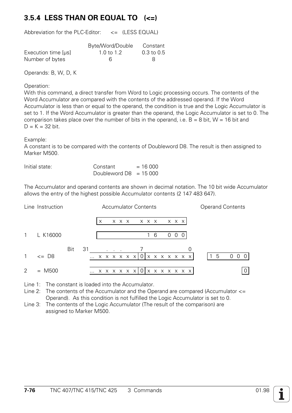 4 less than or equal to (<=) | HEIDENHAIN TNC 407 (243 020) Technical Manual User Manual | Page 537 / 752