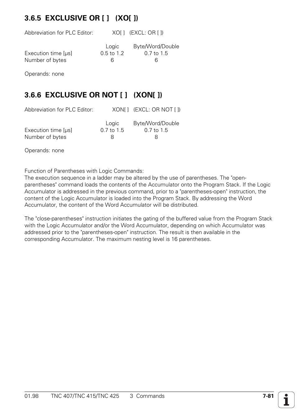 5 exclusive or [ ] (xo[ ]), 6 exclusive or not [ ] (xon[ ]) | HEIDENHAIN TNC 407 (243 020) Technical Manual User Manual | Page 542 / 752