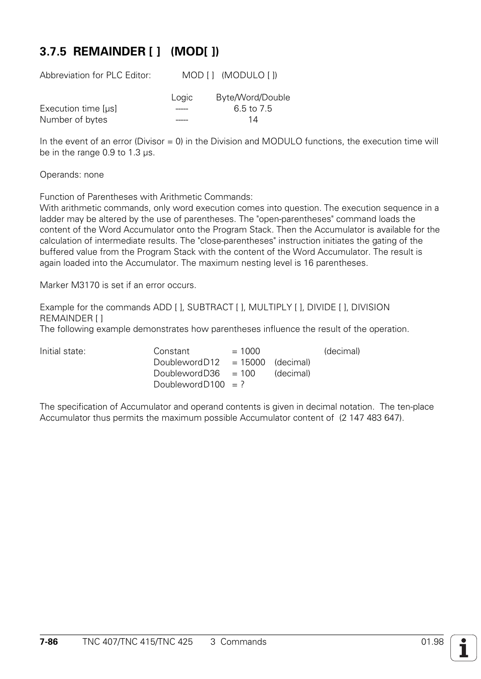 5 remainder [ ] (mod[ ]) | HEIDENHAIN TNC 407 (243 020) Technical Manual User Manual | Page 547 / 752