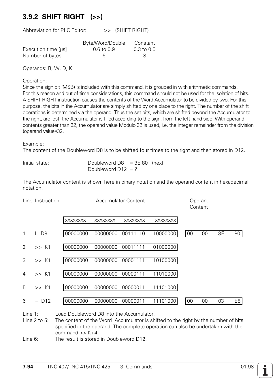 2 shift right (>>) | HEIDENHAIN TNC 407 (243 020) Technical Manual User Manual | Page 555 / 752