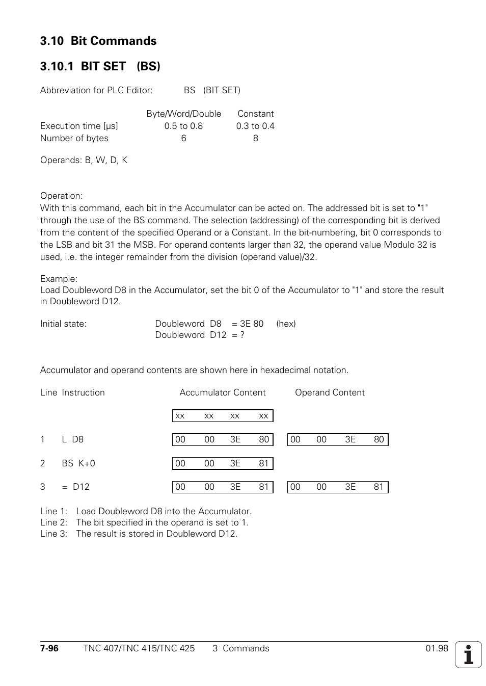 10 bit commands, 1 bit set (bs) | HEIDENHAIN TNC 407 (243 020) Technical Manual User Manual | Page 557 / 752