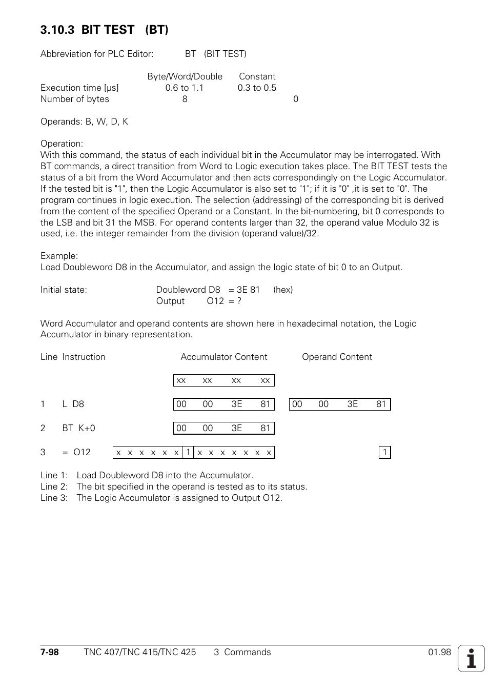 3 bit test (bt) | HEIDENHAIN TNC 407 (243 020) Technical Manual User Manual | Page 559 / 752