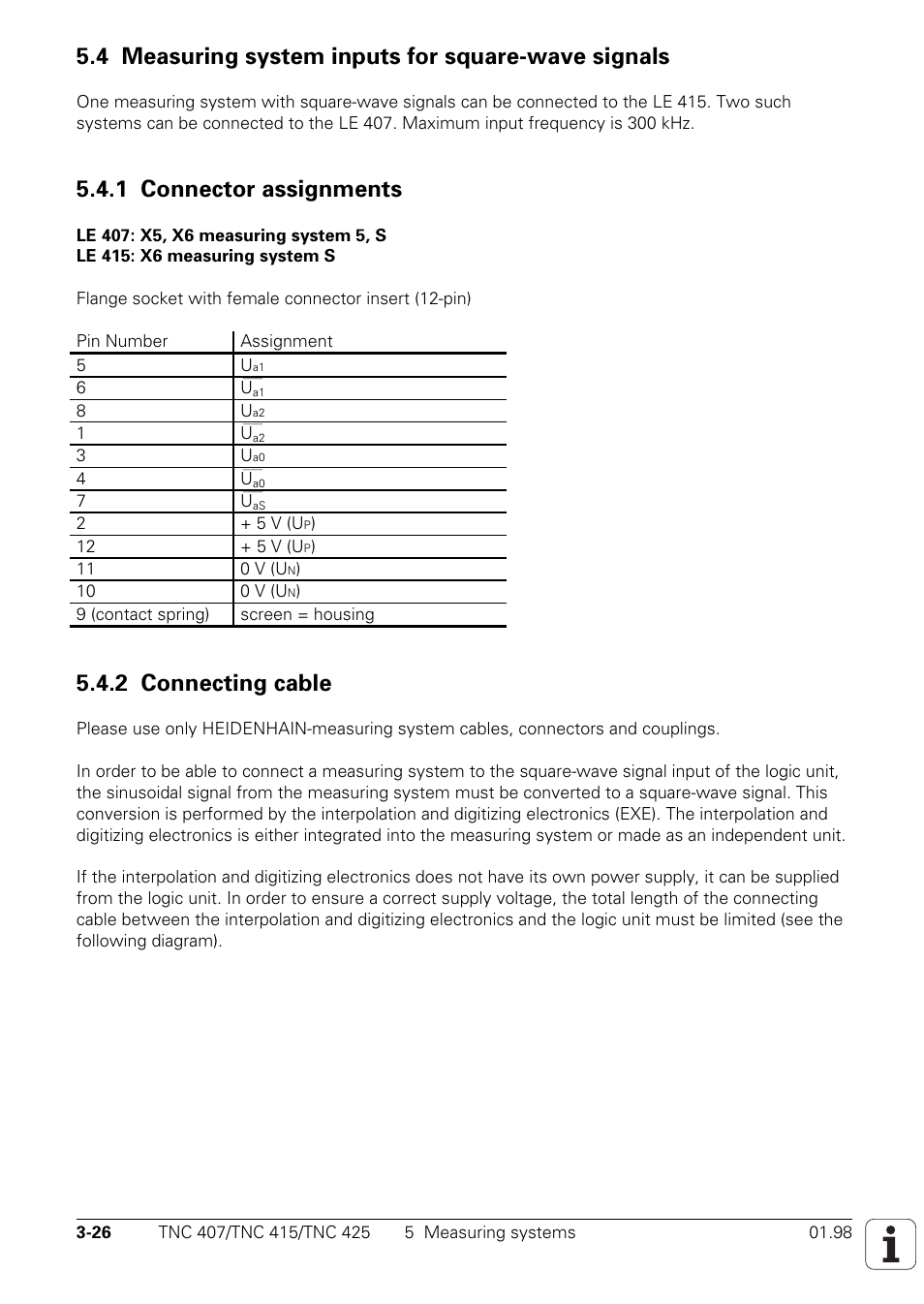 Measuring system inputs for square-wave signals, 1 connector assignments, 2 connecting cable | X6 = measuring system s, X5 = measuring system 5, 4 measuring system inputs for square-wave signals | HEIDENHAIN TNC 407 (243 020) Technical Manual User Manual | Page 56 / 752