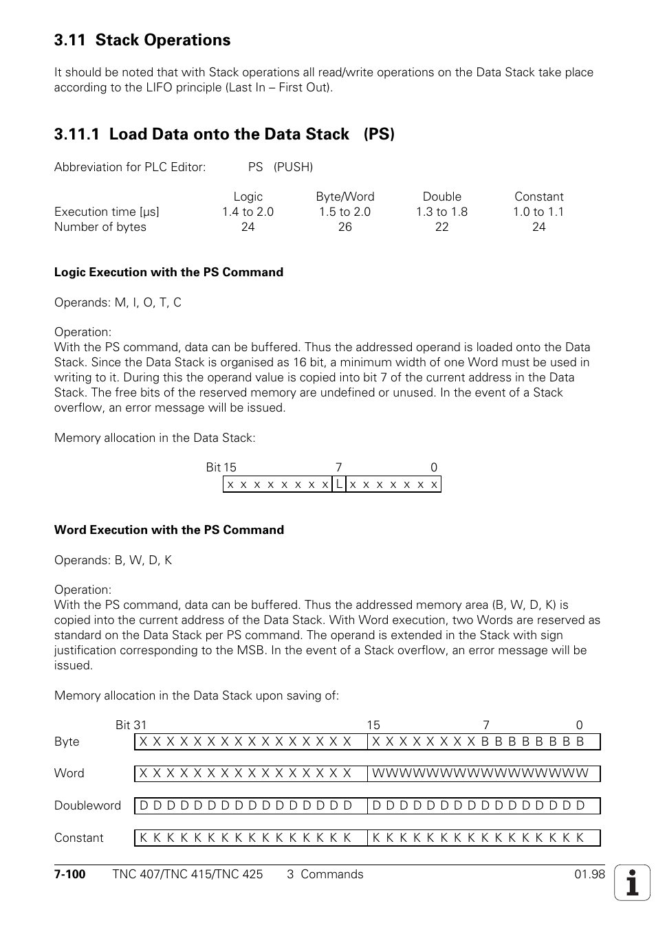 11 stack operations, 1 load data onto the data stack (ps) | HEIDENHAIN TNC 407 (243 020) Technical Manual User Manual | Page 561 / 752