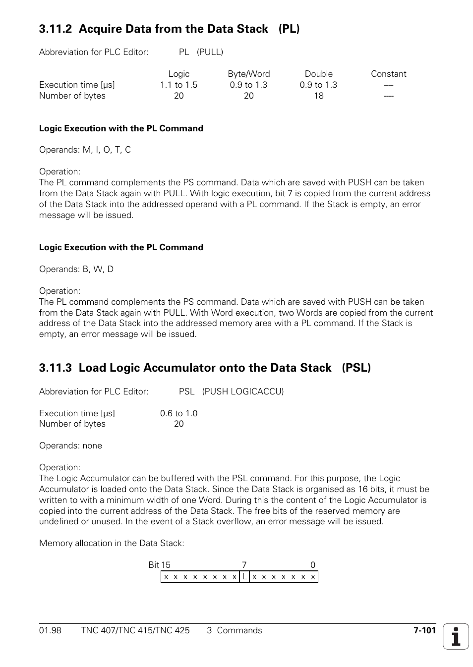 2 acquire data from the data stack (pl), 3 load logic accumulator onto the data stack (psl) | HEIDENHAIN TNC 407 (243 020) Technical Manual User Manual | Page 562 / 752