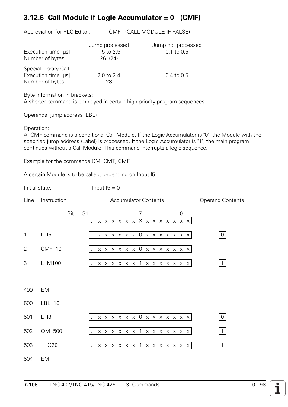 6 call module if logic accumulator = 0 (cmf) | HEIDENHAIN TNC 407 (243 020) Technical Manual User Manual | Page 569 / 752