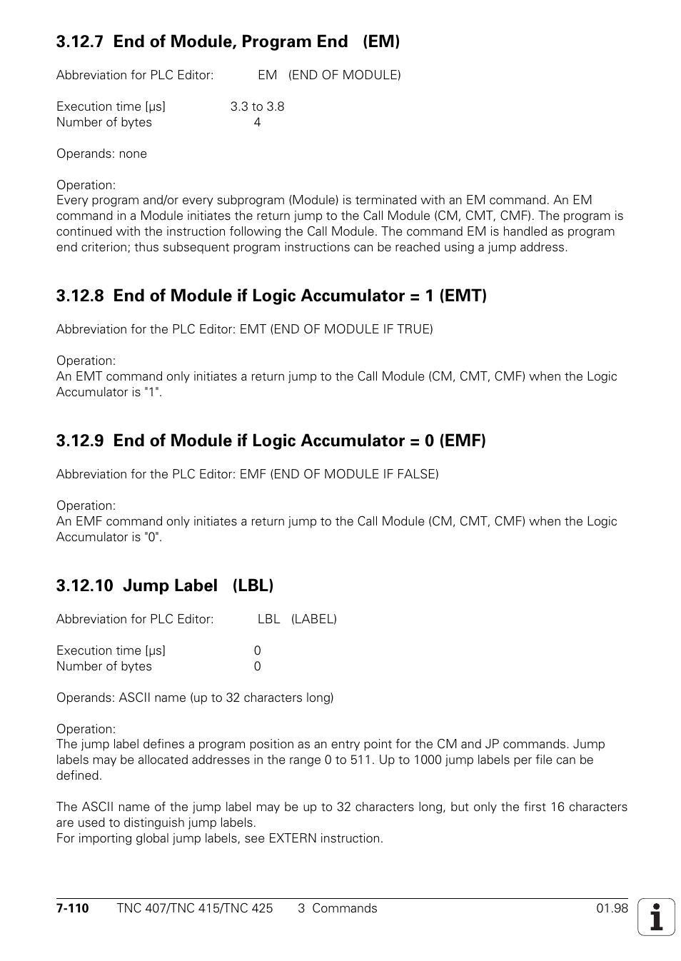 7 end of module, program end (em), 8 end of module if logic accumulator = 1 (emt), 9 end of module if logic accumulator = 0 (emf) | 10 jump label (lbl) | HEIDENHAIN TNC 407 (243 020) Technical Manual User Manual | Page 571 / 752