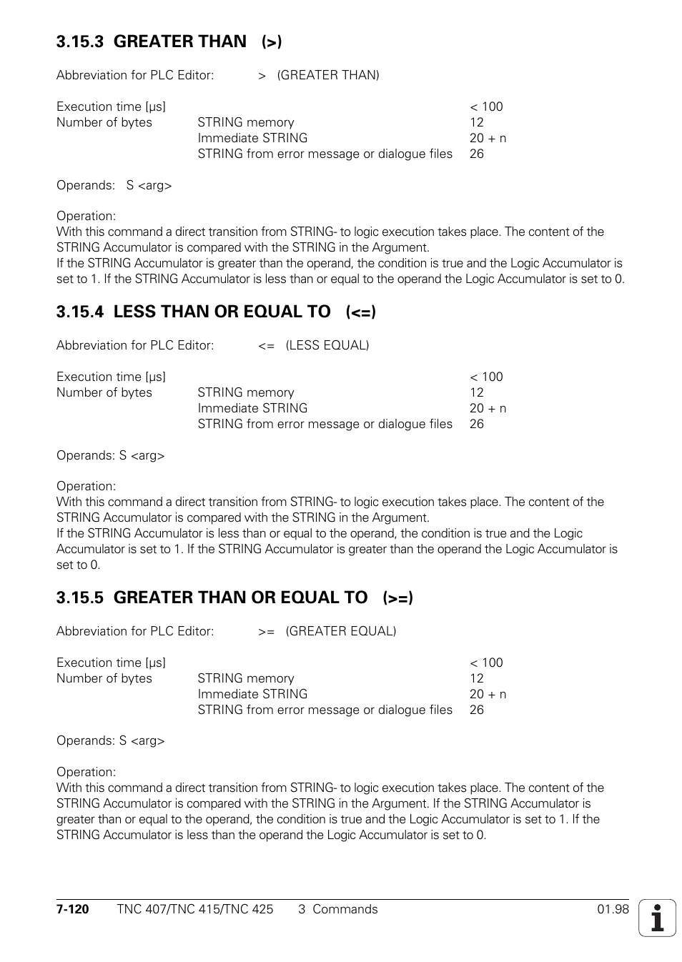3 greater than (>), 4 less than or equal to (<=), 5 greater than or equal to (>=) | HEIDENHAIN TNC 407 (243 020) Technical Manual User Manual | Page 581 / 752