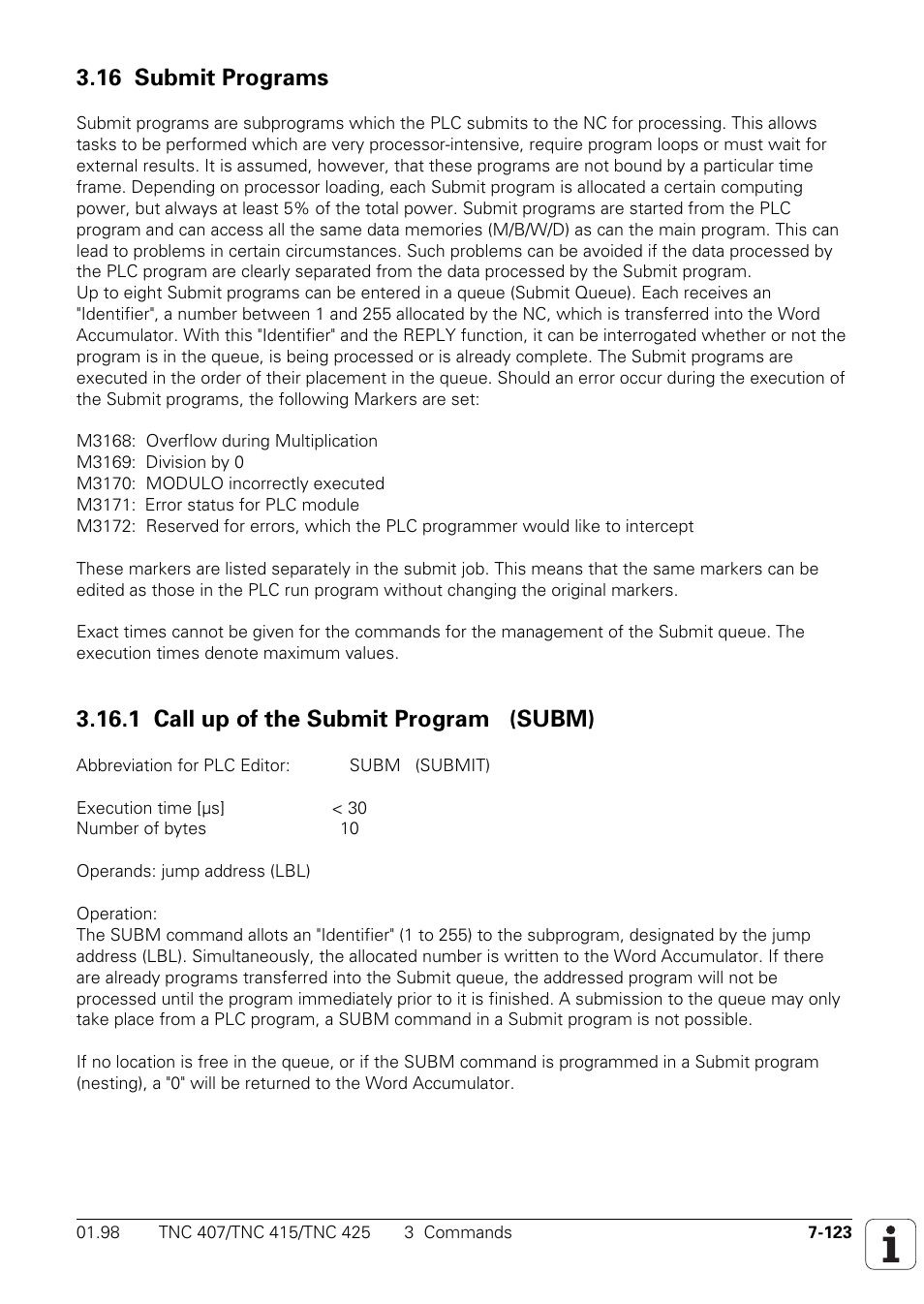 M3171, Error status for plc modules, M3172 | 16 submit programs 7-123, 1 call up of the submit program (subm) 7-123, 16 submit programs, 1 call up of the submit program (subm) | HEIDENHAIN TNC 407 (243 020) Technical Manual User Manual | Page 584 / 752
