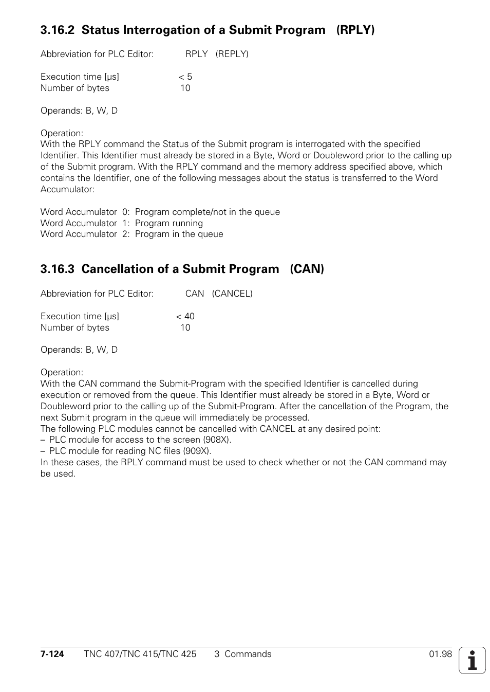 3 cancellation of a submit program (can) 7-124, 2 status interrogation of a submit program (rply), 3 cancellation of a submit program (can) | HEIDENHAIN TNC 407 (243 020) Technical Manual User Manual | Page 585 / 752