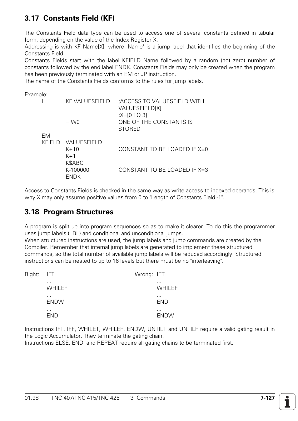17 constants field (kf) 7-127, 18 program structures 7-127, 17 constants field (kf) | 18 program structures | HEIDENHAIN TNC 407 (243 020) Technical Manual User Manual | Page 588 / 752