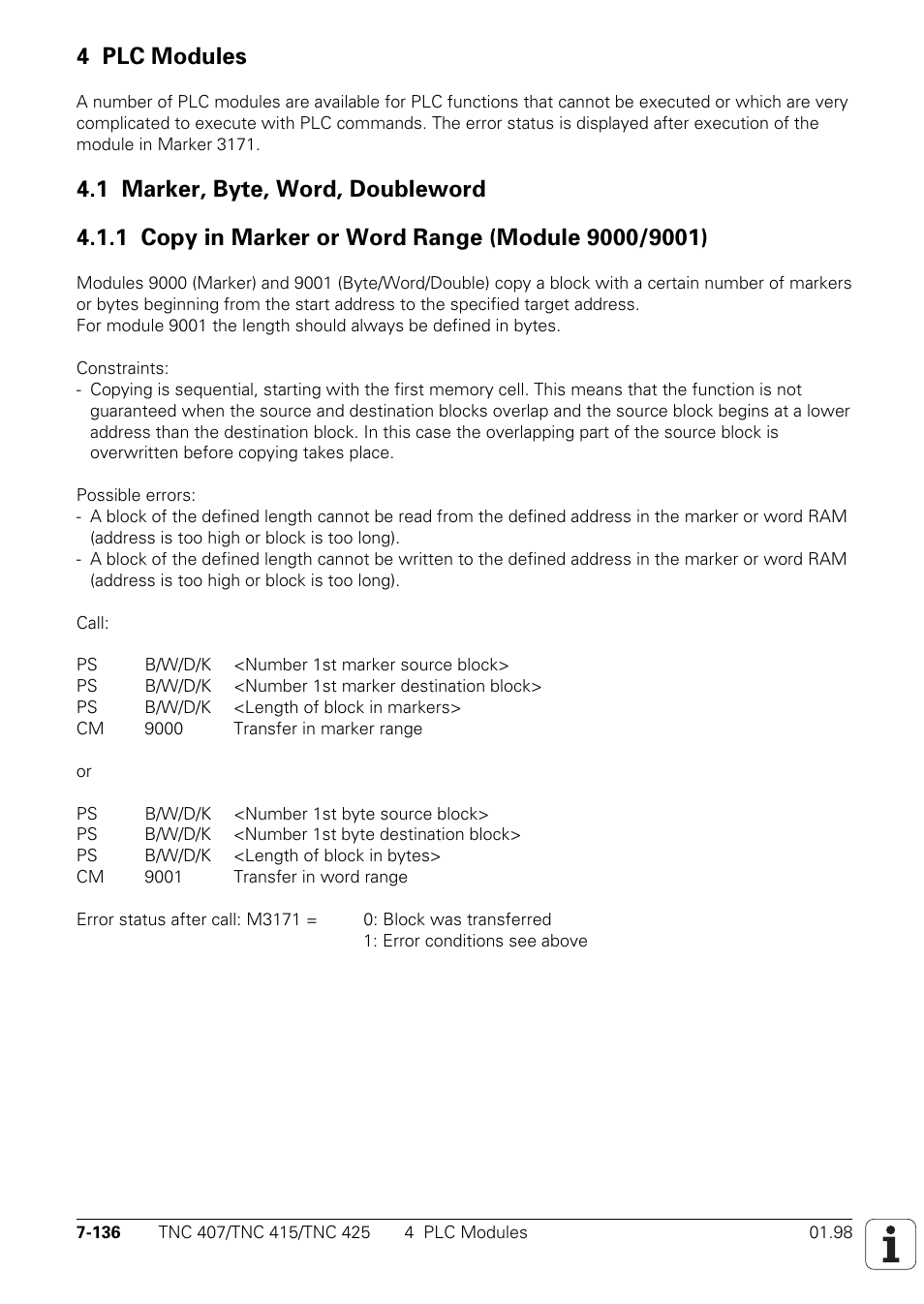 136ff, 4 plc modules 7-136, 1 marker, byte, word, doubleword 7-136 | 4 plc modules | HEIDENHAIN TNC 407 (243 020) Technical Manual User Manual | Page 597 / 752