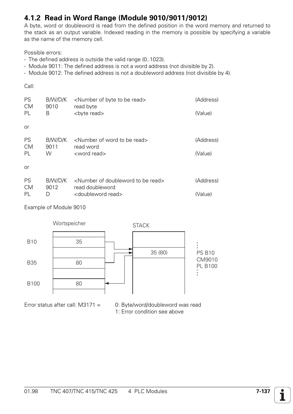 2 read in word range (module 9010/9011/9012) 7-137 | HEIDENHAIN TNC 407 (243 020) Technical Manual User Manual | Page 598 / 752
