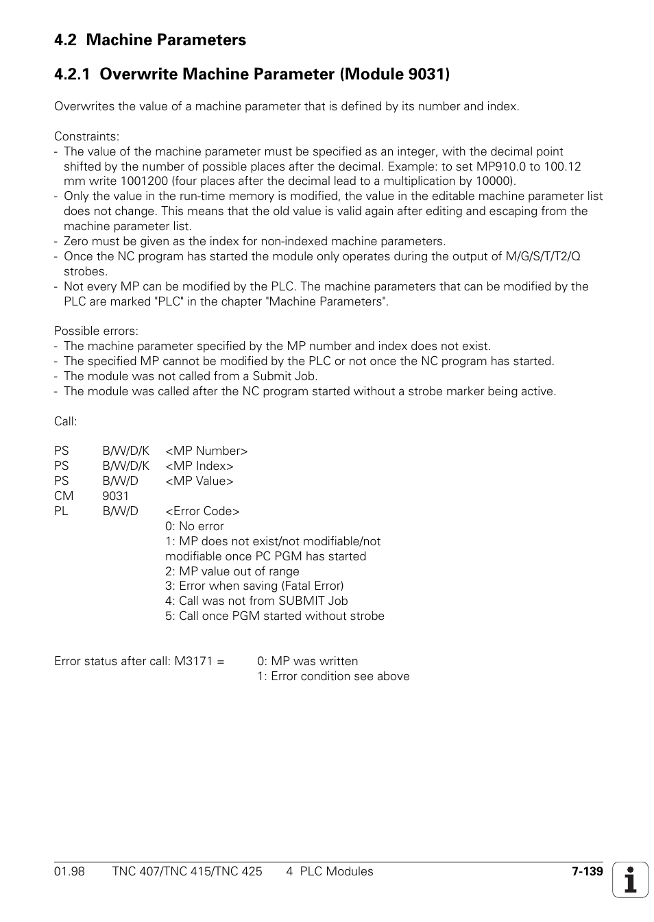 2 machine parameters 7-139, 1 overwrite machine parameter (module 9031) 7-139 | HEIDENHAIN TNC 407 (243 020) Technical Manual User Manual | Page 600 / 752