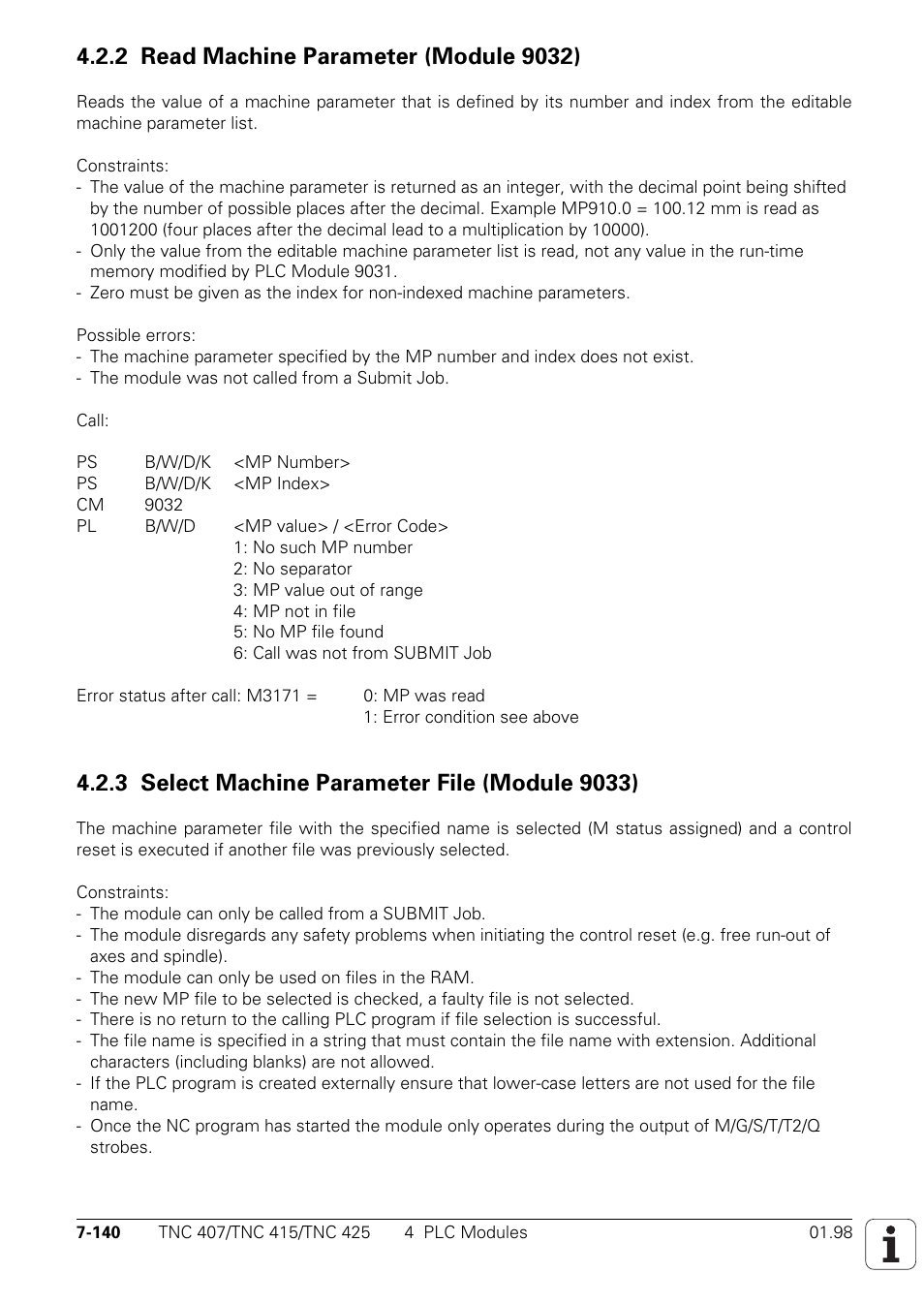 2 read machine parameter (module 9032) 7-140 | HEIDENHAIN TNC 407 (243 020) Technical Manual User Manual | Page 601 / 752