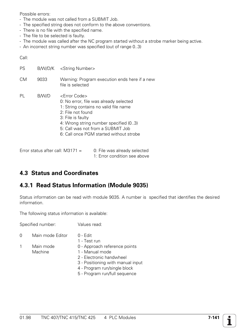 3 status and coordinates 7-141, 1 read status information (module 9035) 7-141 | HEIDENHAIN TNC 407 (243 020) Technical Manual User Manual | Page 602 / 752
